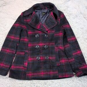 Rampage‎ Jacket Womens S Navy Plaid Peacoat Lined Button Up Cozy Warm Preppy